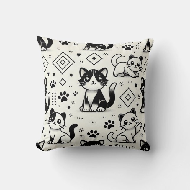Almofada Travesseiro de Padrão de Gato Preto e Branco (Frente)