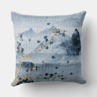 Almofada Travesseiro de Paisagem Dourada Azul Texturizado