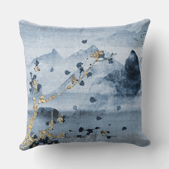 Almofada Travesseiro de Paisagem Dourada Azul Texturizado (Verso)