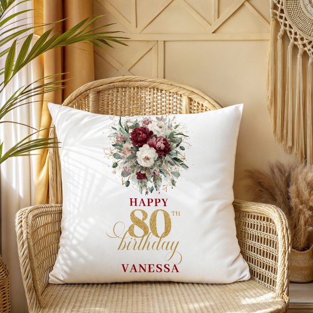 Almofada Travesseiro de Presente de 80º Aniversário Chic Fl (Chic Floral Burgundy 80th Birthday Gift Pillow)