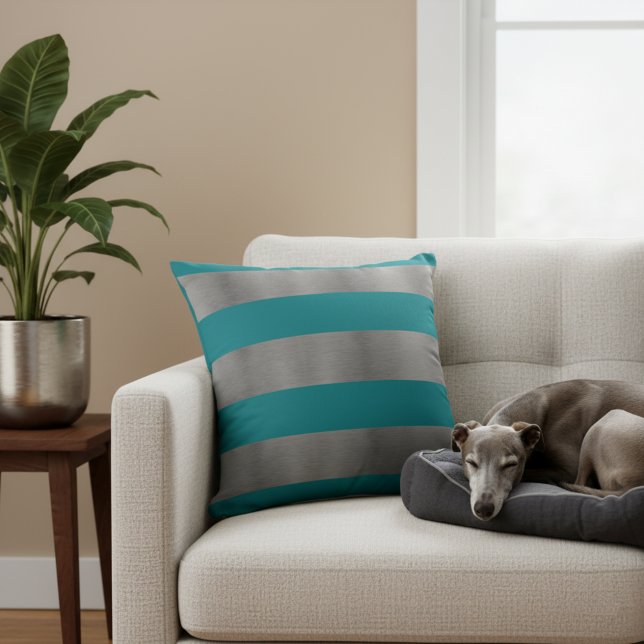 Almofada Travesseiro de Sofá Verde Azul e Prata (Stylish metallic silver gray and teal striped accent pillow.)