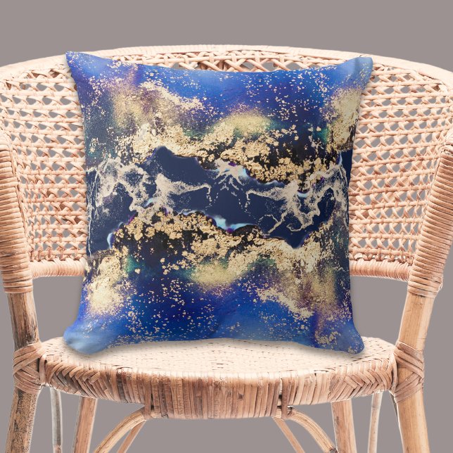 Almofada Travesseiro decorativo ao quadrado de Abstrato Azu (Gold Blue Abstract Watercolor Square Throw Pillow)
