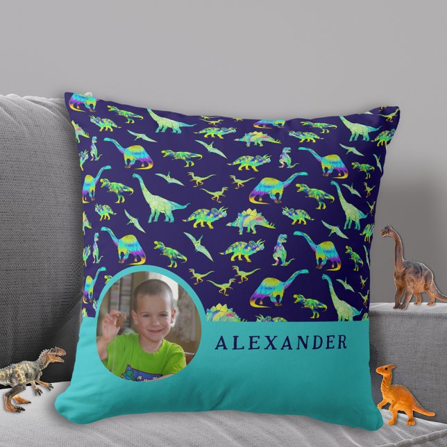 Almofada Travesseiro decorativo Azul do Dinossauro Personal (Colorful dinosaur boys personalized photo and name navy blue pillow Cute dino home decor for kids)
