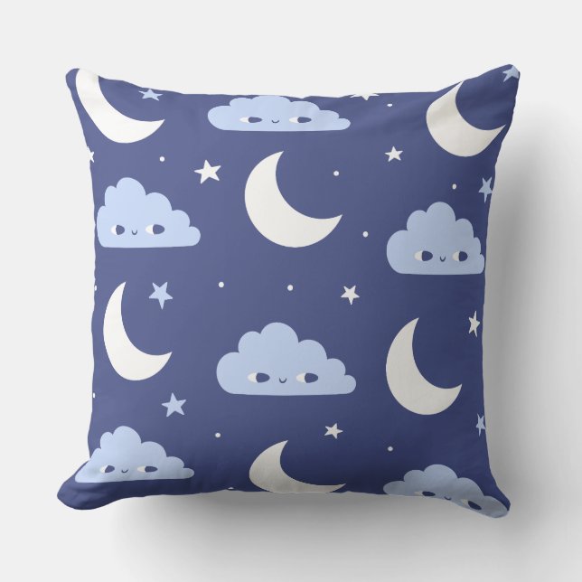 Almofada Travesseiro Decorativo Azul Kawaii Lua Estrelas Nu (Frente)