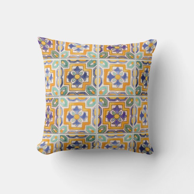 Almofada Travesseiro decorativo Azulejo Laranja-Verde-Azul (Frente)