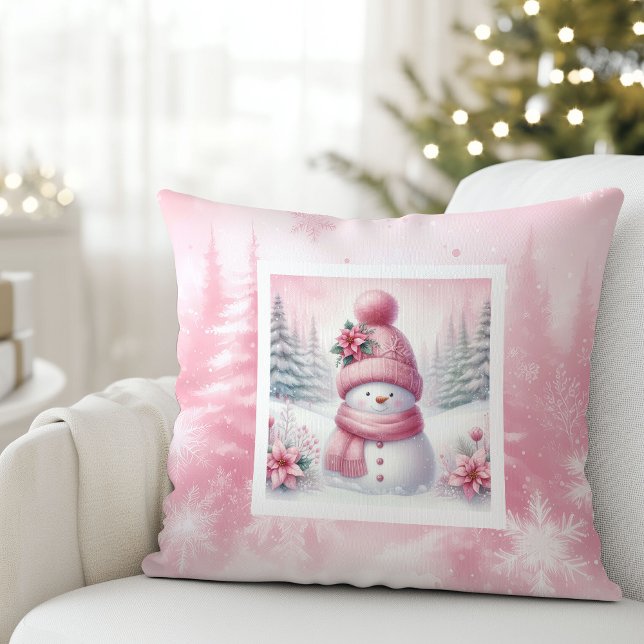 Almofada Travesseiro Decorativo Cena de Inverno Alegre Bone (Pink Joy Snowman Cute Winter Scene Decor Pillow)