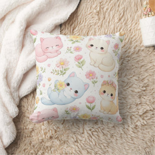 Almofada Travesseiro Decorativo com Gatinho Pastel e Estamp
