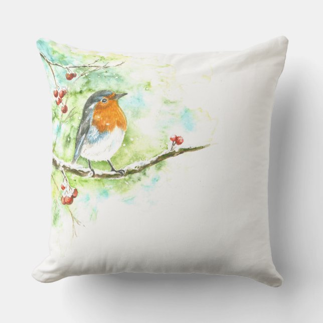 Almofada Travesseiro decorativo com Watercolor Robin (Frente)
