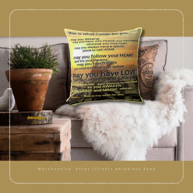 Almofada Travesseiro decorativo de Adiela Akoo (Wish Throw Pillow by Poet Adiela Akoo. Shop my store for tees, totes, mugs & much more. GET IT NOW!)