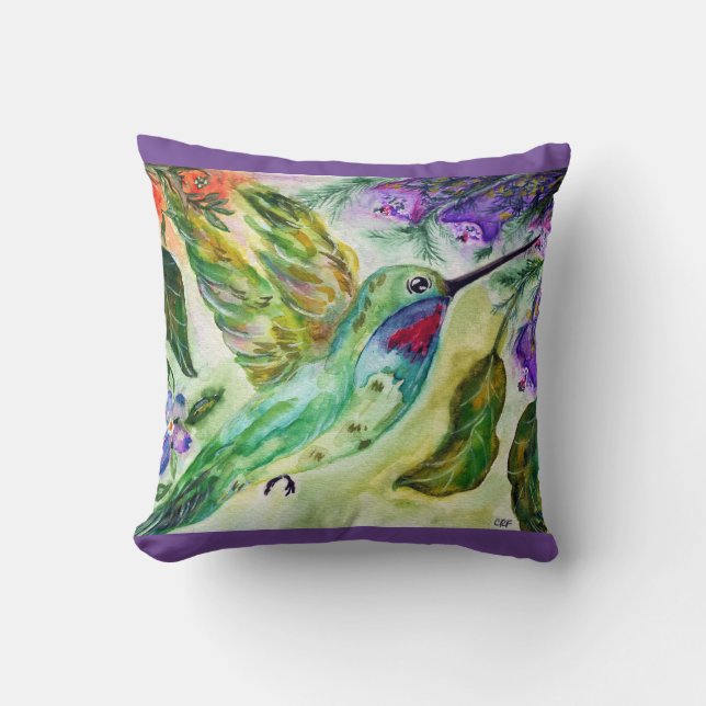 Almofada travesseiro decorativo de "Aquarela Hummingbird" (Frente)