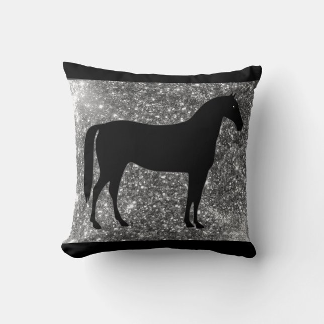 Almofada Travesseiro decorativo de cavalo em Black & Silver (Frente)