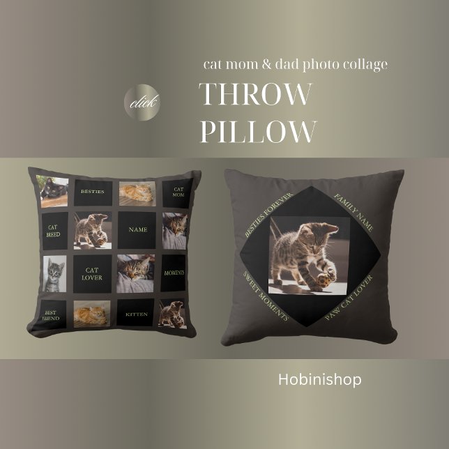 Almofada travesseiro decorativo de colagem de fotos de Pais (cat mom & cat Dad photo collage throw pillow)