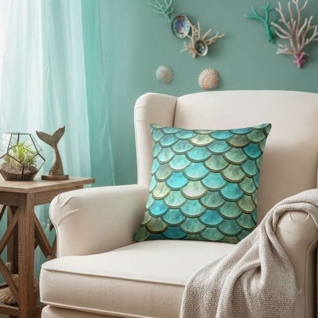 Almofada Travesseiro Decorativo de Escalas de Sereia Azul M (Mermaid throw pillow - an accent pillow for your sea inspired home.)