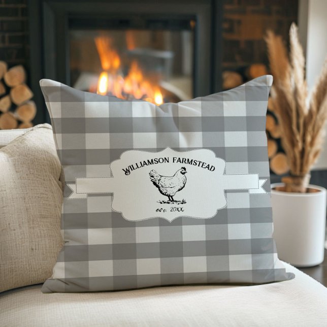 Almofada Travesseiro decorativo de frango de Fazenda de cin (Gray Buffalo Plaid Farm Chicken Throw Pillow)