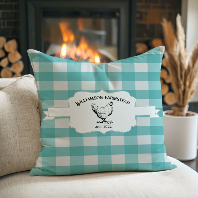 Almofada Travesseiro decorativo de frango de Xadrez Teal Bu (Teal Buffalo Plaid Farm Chicken Throw Pillow)