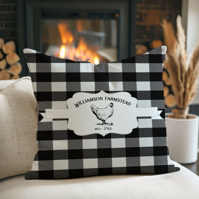 Almofada Travesseiro decorativo de frango Xadrez de Buffalo (Black Buffalo Plaid Farm Chicken Throw Pillow)