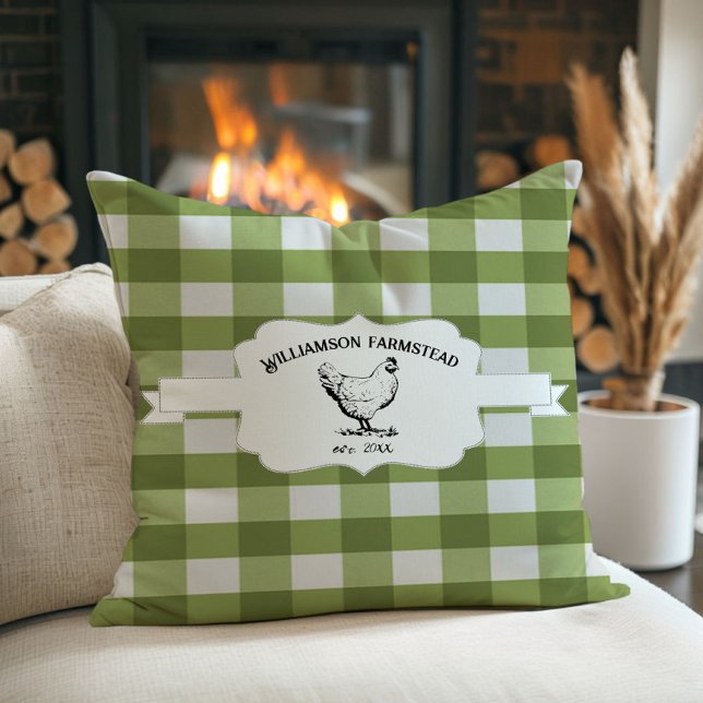Almofada Travesseiro decorativo de frango Xadrez de Buffalo (Green Buffalo Plaid Farm Chicken Throw Pillow)