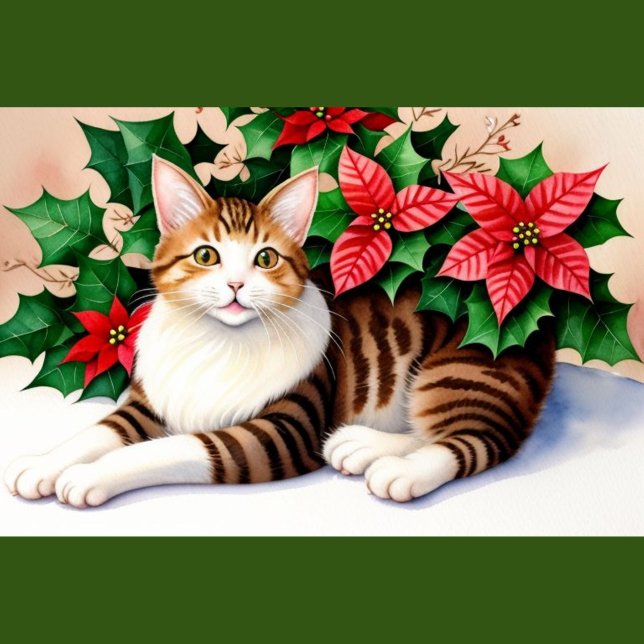 Almofada Travesseiro decorativo de Gato Flor (A square throw pillow with a green border features a watercolor-style painting of a tabby cat.)