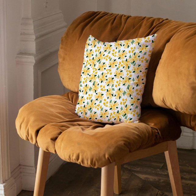 Almofada Travesseiro decorativo de Jardim Floral Amarelo (Yellow Watercolor Floral Garden Throw Pillow)