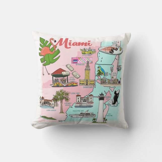 Almofada Travesseiro decorativo de Mapa Ilustrado de Miami (Frente)