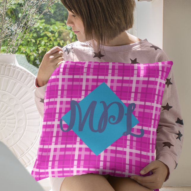 Almofada Travesseiro decorativo de Monograma Personalizado  (Hot Pink Monogram Throw Pillow)
