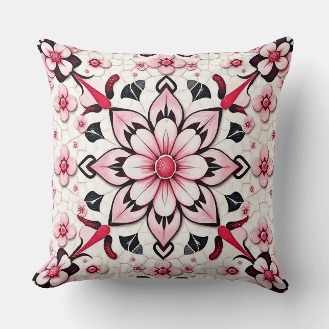 Almofada Travesseiro decorativo de Mosaico Floral Rosa (Frente)