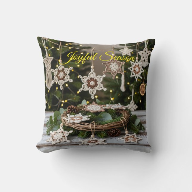 Almofada Travesseiro decorativo de Natal Boho Crochet Snowf (Frente)