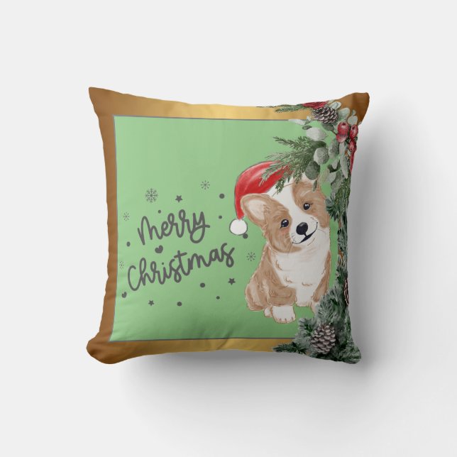 Almofada Travesseiro decorativo de Natal de Corgi Verde Dou (Frente)