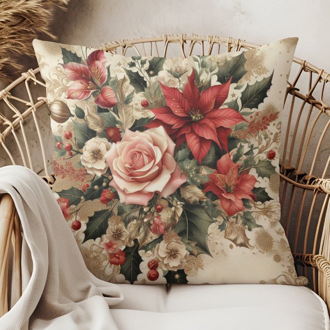 Almofada Travesseiro decorativo de Natal Floral Elegante Vi (Vintage Elegant Floral Christmas Throw Pillow in a boho rattan armchair.)