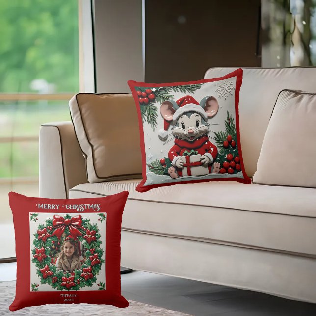Almofada Travesseiro decorativo de Natal Presente e Rato (Criador carregado)