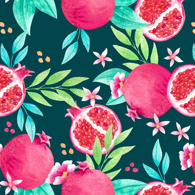 Almofada Travesseiro decorativo de padrão de fruta (Seamless pattern with pomegranates, flowers and leaves on a dark background, watercolor style.)