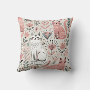 Almofada Travesseiro Decorativo de Padrão de Gato Rosa Boho