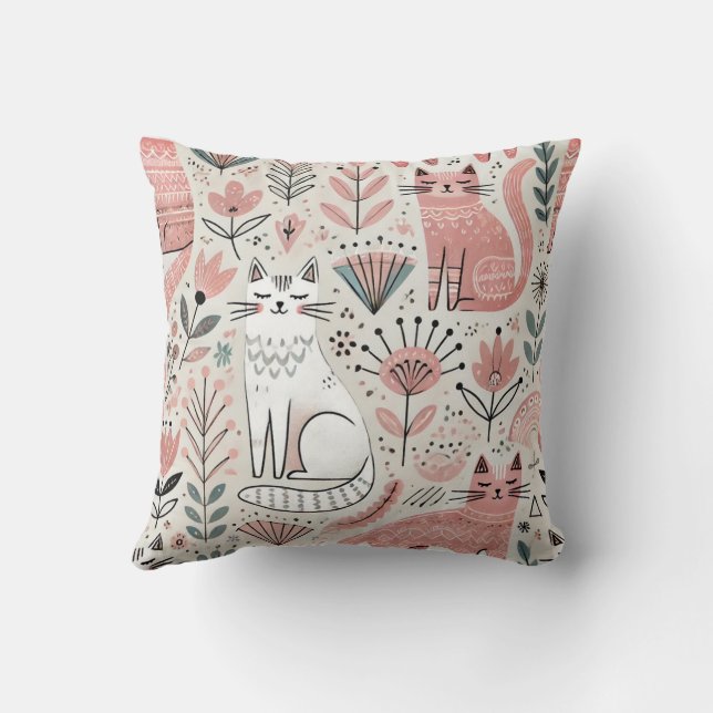Almofada Travesseiro Decorativo de Padrão de Gato Rosa Boho (Verso)