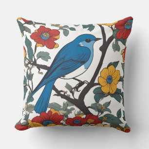 Almofada Travesseiro decorativo de pássaro azul e flores si