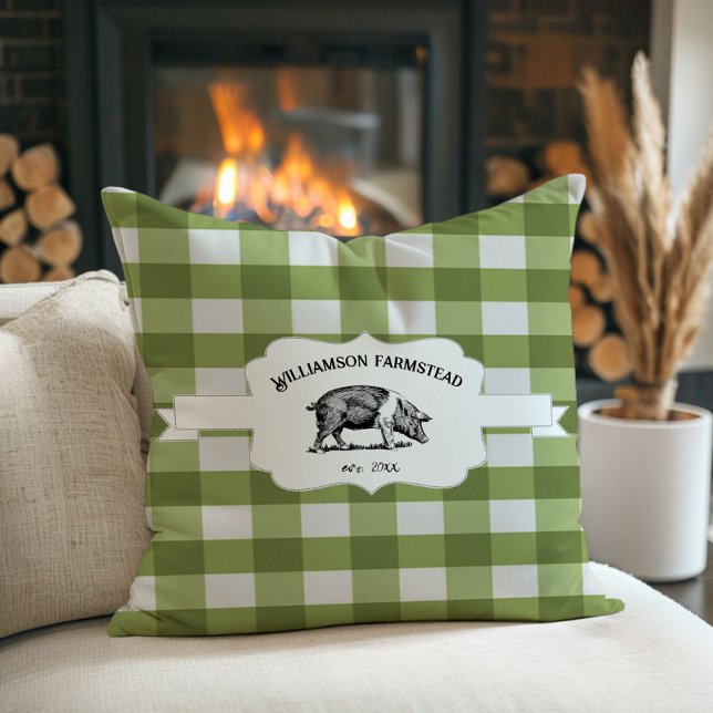 Almofada Travesseiro decorativo de porcos Xadrez de Buffalo (Green Buffalo Plaid Farm Pig Throw Pillow)