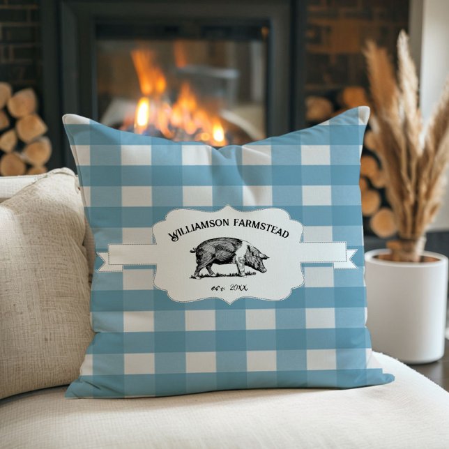 Almofada Travesseiro decorativo de porcos Xadrez de Buffalo (Blue Buffalo Plaid Farm Pig Throw Pillow)
