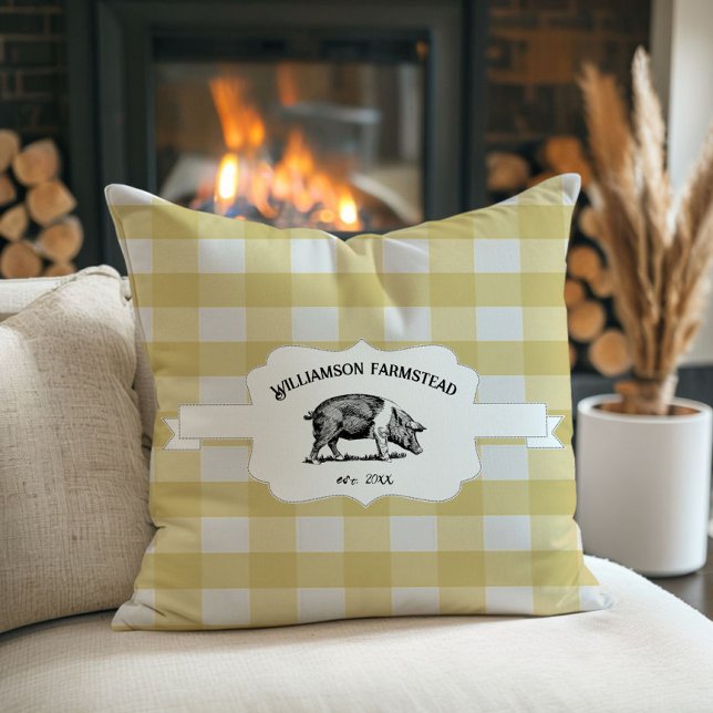 Almofada Travesseiro decorativo de porcos Xadrez de Buffalo (Yellow Buffalo Plaid Farm Pig Throw Pillow)