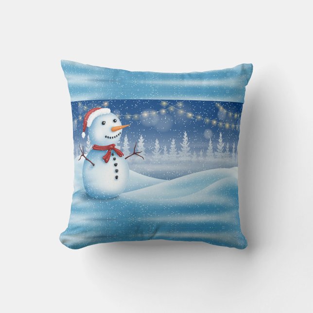 Almofada Travesseiro decorativo de queda de neve do inverno (Illustration of a snowman in a snowy landscape. )