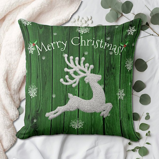 Almofada Travesseiro decorativo de Reinador de Natal Russo  (Green Rustic Christmas Reindeer Throw Pillow)