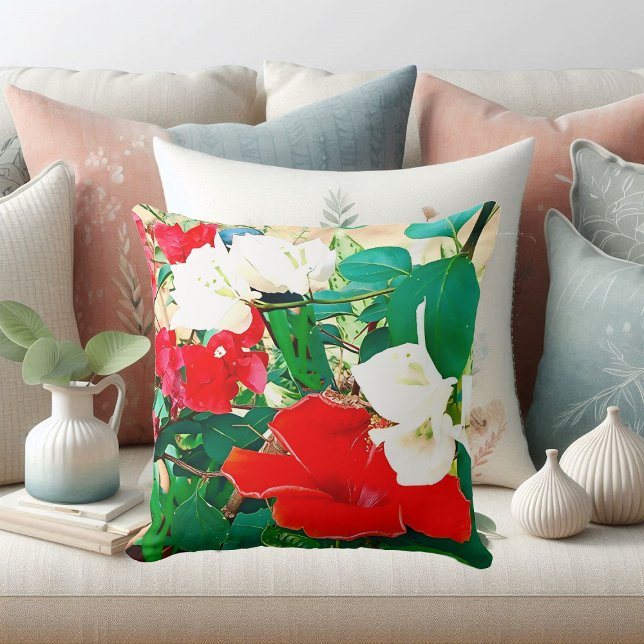 Almofada Travesseiro decorativo de Trabalho de arte de Aqua (Elegant Red Hibiscus Tropical Flower Watercolor Throw Pillow)