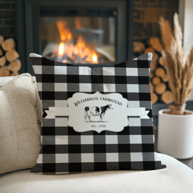 Almofada Travesseiro decorativo de Vaca Xadrez de Buffalo N (Black Buffalo Plaid Farm Cow Throw Pillow)