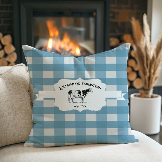 Almofada Travesseiro decorativo de Xadrez de Búfalos Azul (Blue Buffalo Plaid Farm Cow Throw Pillow)
