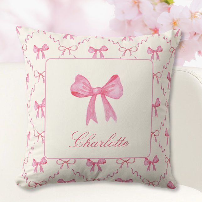 Almofada Travesseiro decorativo do Arco rosa coquette (sweet pretty girly pink coquette bow pillow with custom name in script calligraphy, gift for girl)
