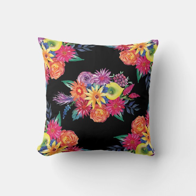 Almofada Travesseiro decorativo Flor Preto Fiesta Mexicano (Frente)