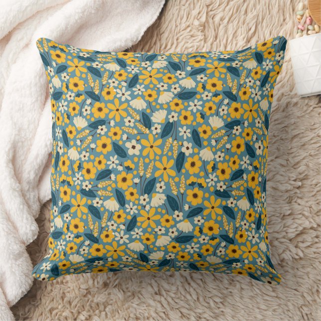 Almofada Travesseiro decorativo Floral Amarelo e Azul, Ênfa (Cobertor)