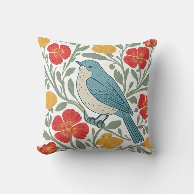 Almofada Travesseiro decorativo Floral Bluebird e Poppies (Frente)