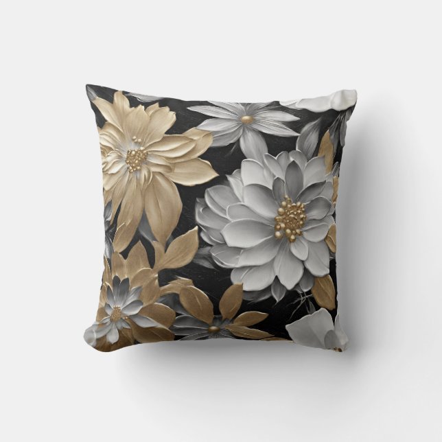 Almofada Travesseiro decorativo Floral Dourado Prata Preto (Frente)