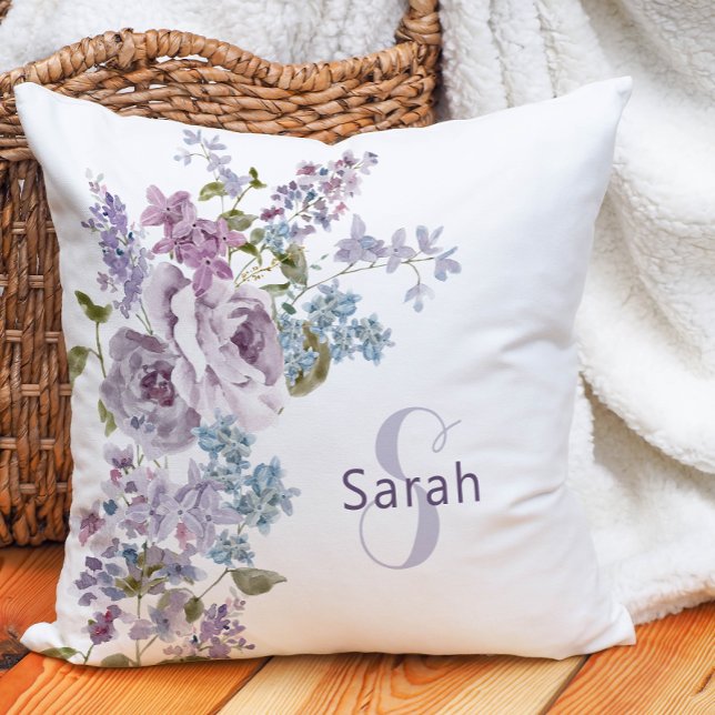 Almofada Travesseiro Decorativo Floral Roxo (Watercolor Purple Lilac Monogrammed Floral Throw Pillow)