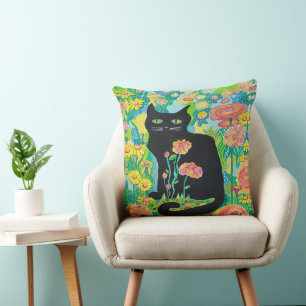 Almofada Travesseiro Decorativo Gato Preto em Flores para D