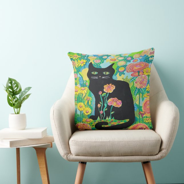 Almofada Travesseiro Decorativo Gato Preto em Flores para D (Cadeira)